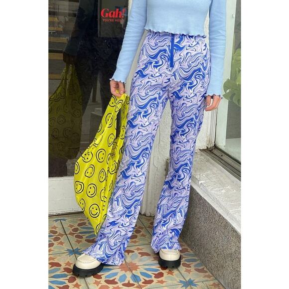 New Urban Outfitters Hosbjerg Adele Printed Flare Pant $208 LARGE  Purple Liquid - Picture 1 of 9